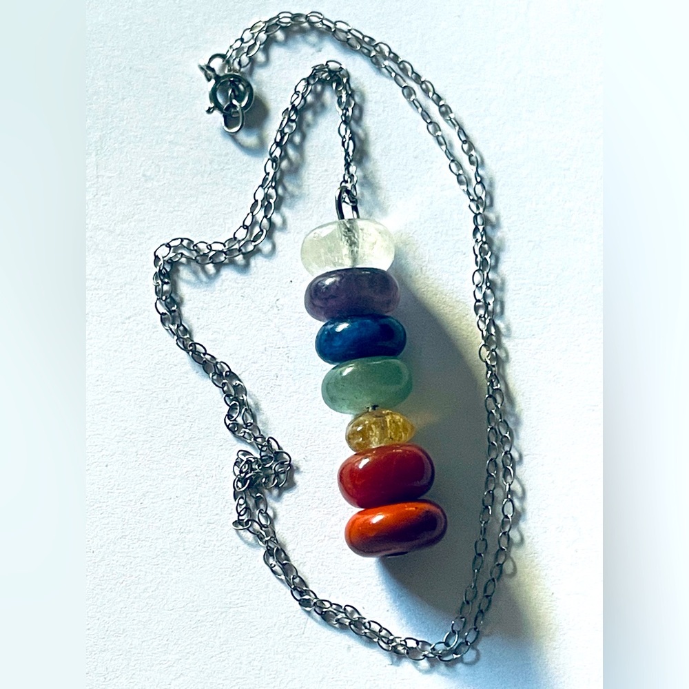 Vintage Rainbow Chakra Stone pendant on 925 sterling silver chain